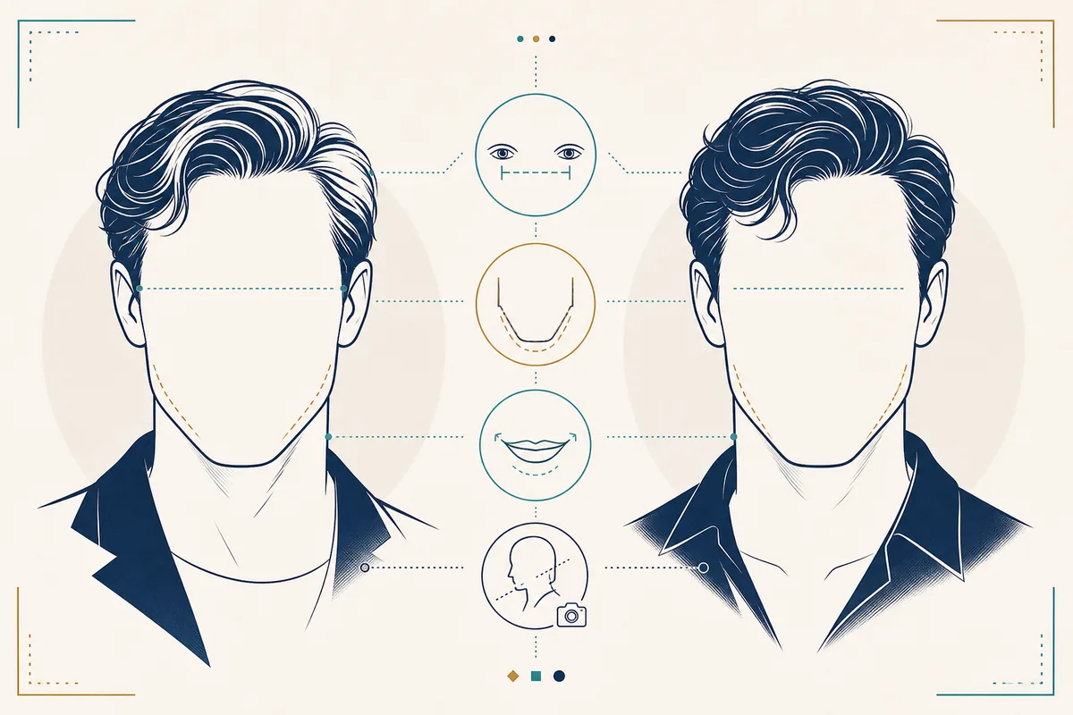 Graphique comparatif montrant les indices de ressemblance entre acteurs comme l'écart des yeux, la mâchoire, le sourire et l'angle de caméra