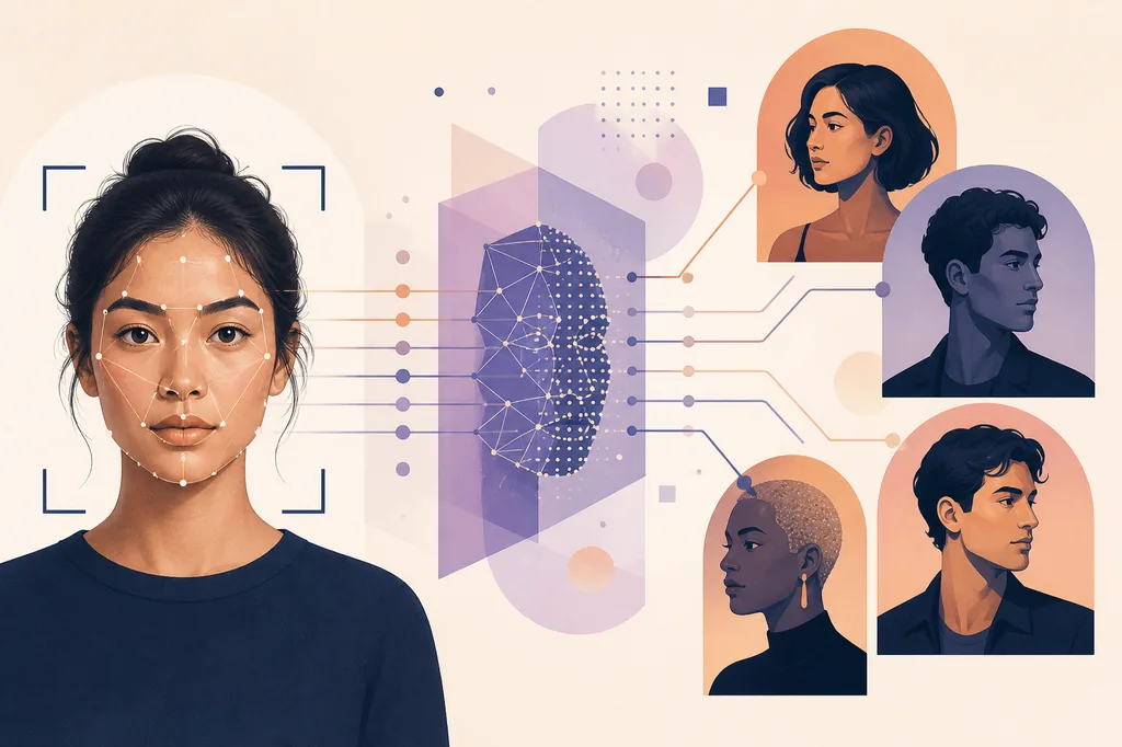 Editorial illustration of an AI system comparing a portrait with diverse celebrity-inspired faces