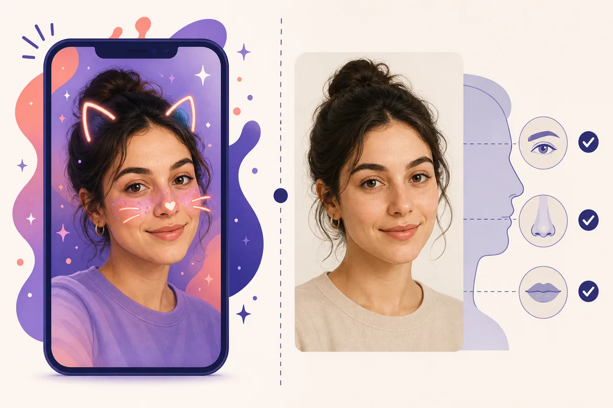 Comparison of a playful face filter and an unfiltered celebrity match photo