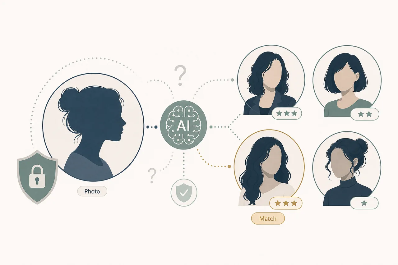 Editorial illustration about safe ChatGPT celebrity look-alike guidance without real celebrity faces