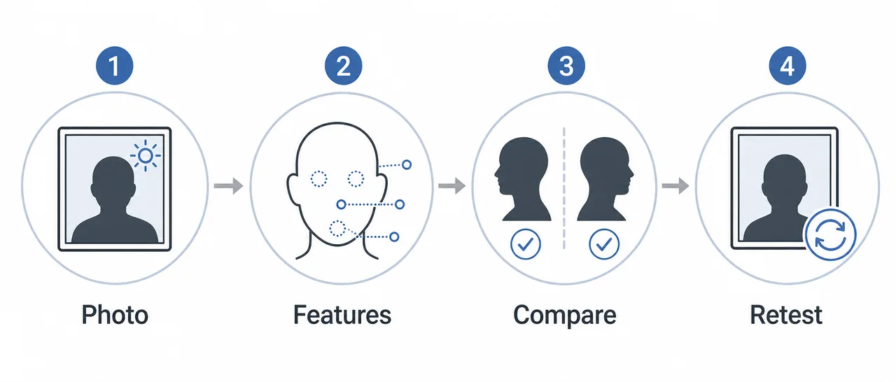 Editorial workflow graphic for safer celebrity look-alike questions using photo cues and a dedicated matcher