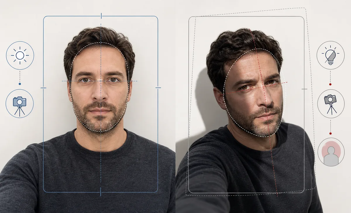 Front-facing selfie compared with an angled selfie for male face shape analysis