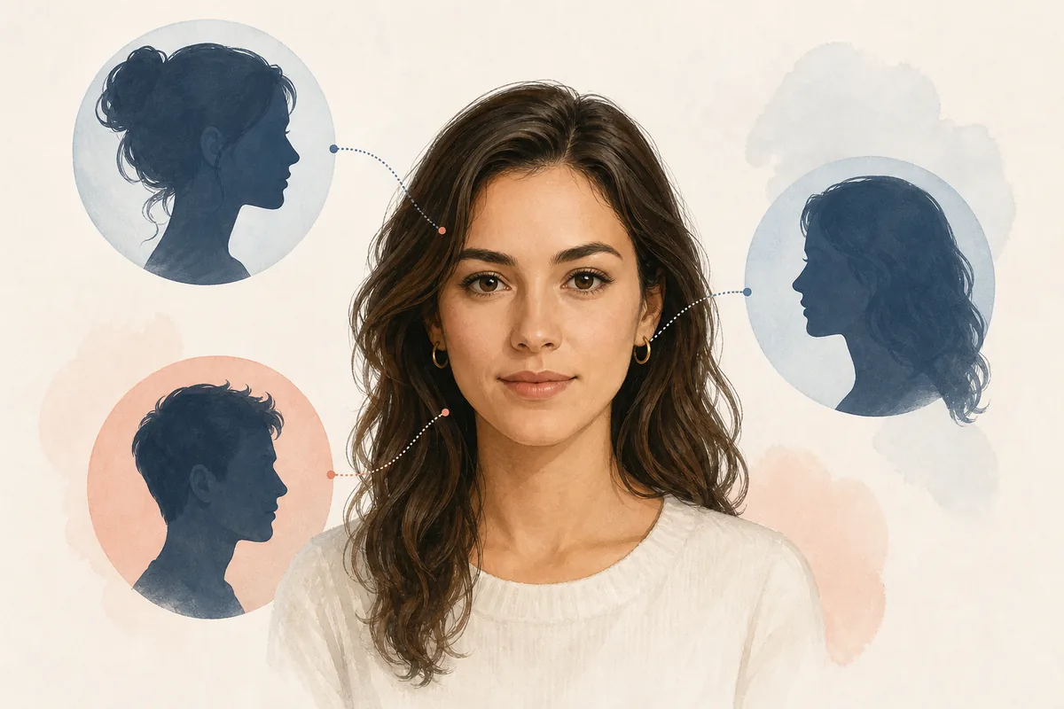 Redaktionelle Illustration einer Person im Vergleich mit abstrakten Promi-Profilen