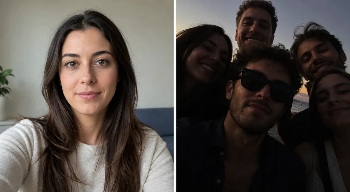 Vergleich eines klaren frontalen Porträts mit einem dunklen Gruppenfoto