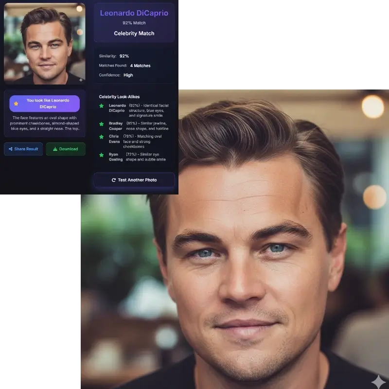 Celebrity face match - Leonardo DiCaprio look-alike finder results