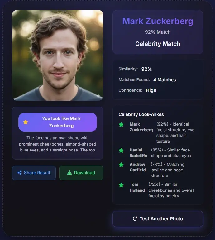 Celebrity face match - Mark Zuckerberg look-alike finder results